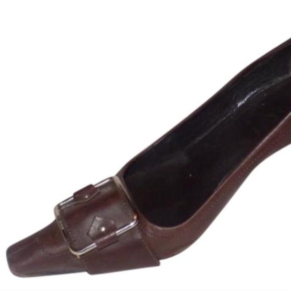Prada Brown Leather Squared Pointy Toe Kitten Heel ChrOme Accent Pumps - Picture 1 of 6